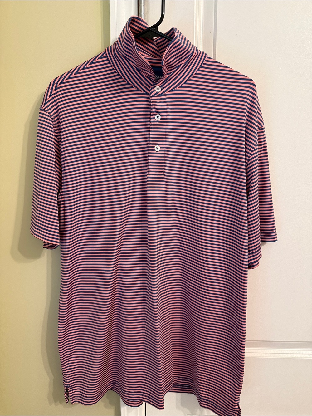 Men's Short-Sleeve Striped Polo in Pink and Navy